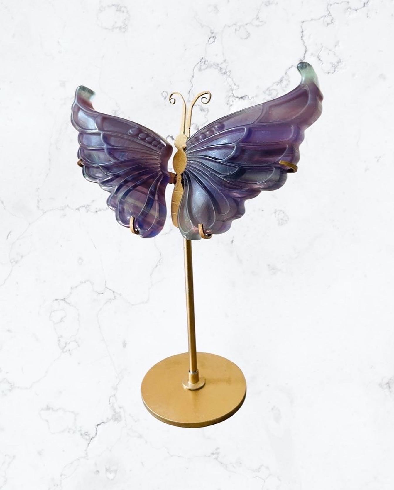 Purple Fluorite Crystal Butterfly Wings store with Gold Stand