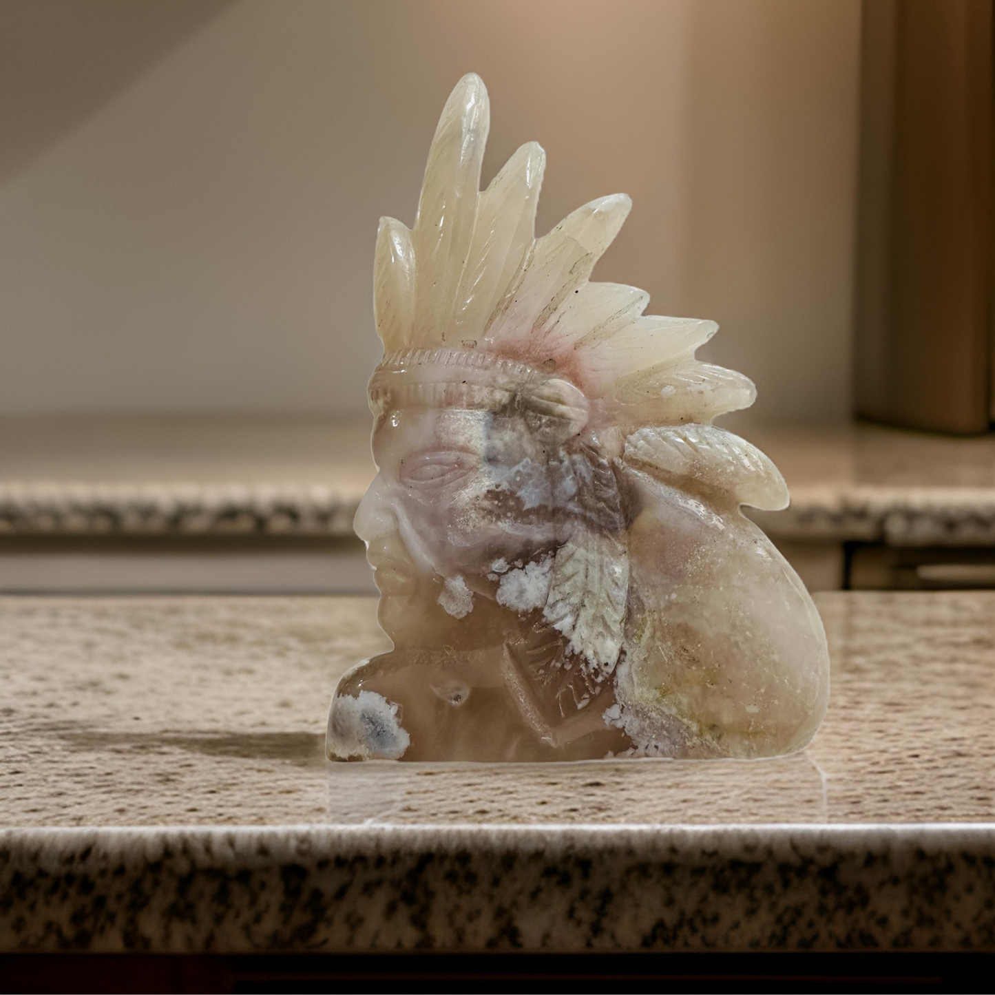 Hand-carved Native American in Pink Flower Agate - Enchant & Delight