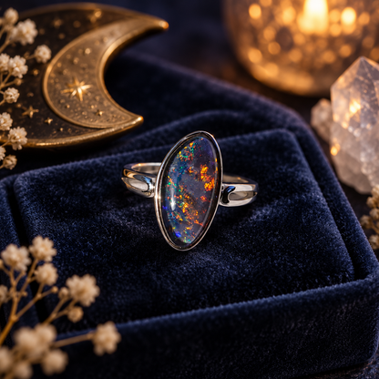 Opal No. 16 — Coober Pedy Galaxy Fire Ring • Size L/6 ✨
