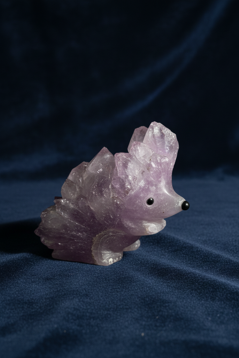 Unique hedgehog-inspired crystal carving with natural amethyst points.