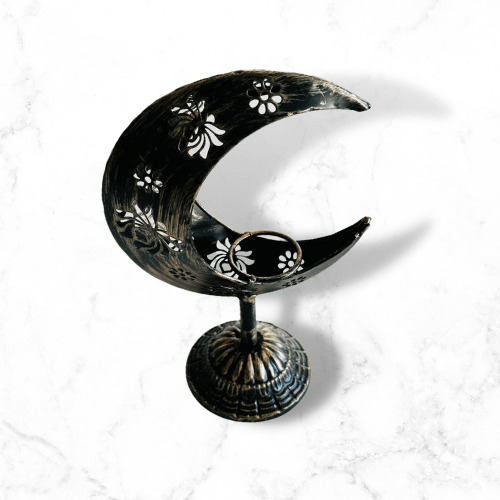 Crystal Sphere Holder- beautiful aged gold half-moon stand. - Enchant & Delight