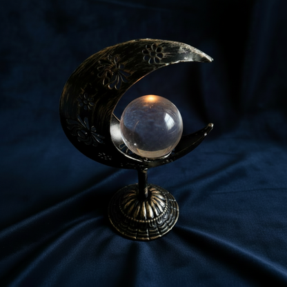 Crystal Sphere Holder- beautiful aged black half-moon stand