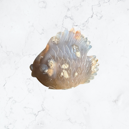 Flower Agate Hand Carved Fish with Druzy - Enchant & Delight