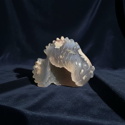 ✨ Flower Agate Fish Carving with Druzy – Growth, Flow & New Beginnings