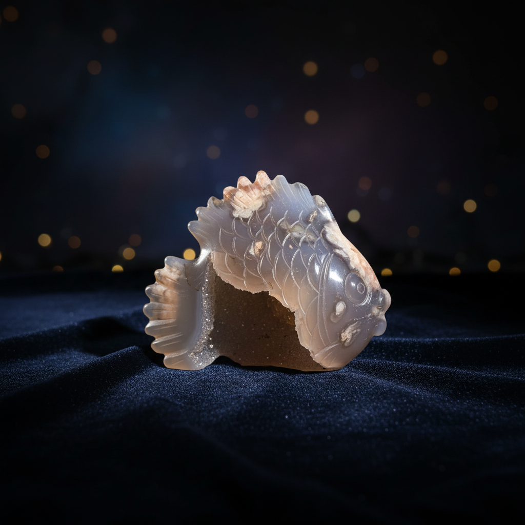 ✨ Flower Agate Fish Carving with Druzy – Growth, Flow & New Beginnings