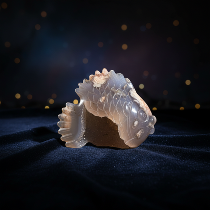 ✨ Flower Agate Fish Carving with Druzy – Growth, Flow & New Beginnings