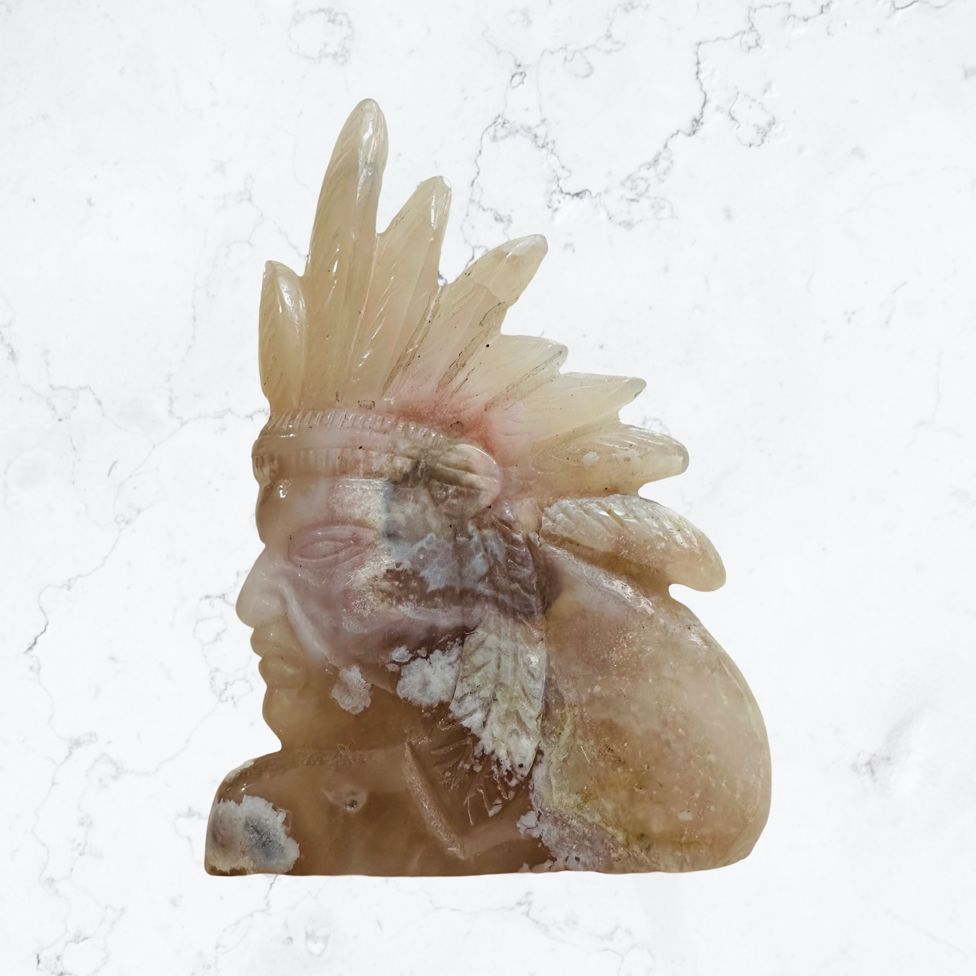 Hand-carved Native American in Pink Flower Agate - Enchant & Delight