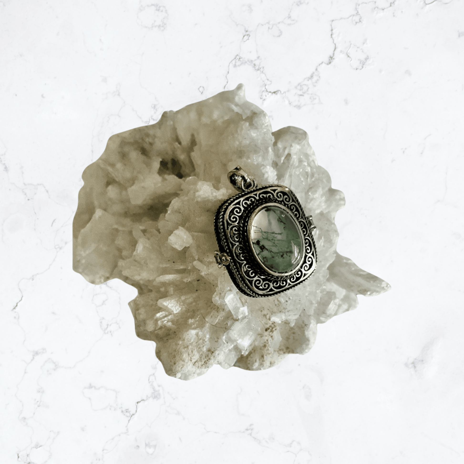 The Timekeepers Secret Moss Agate Crystal Locket n - Enchant & Delight